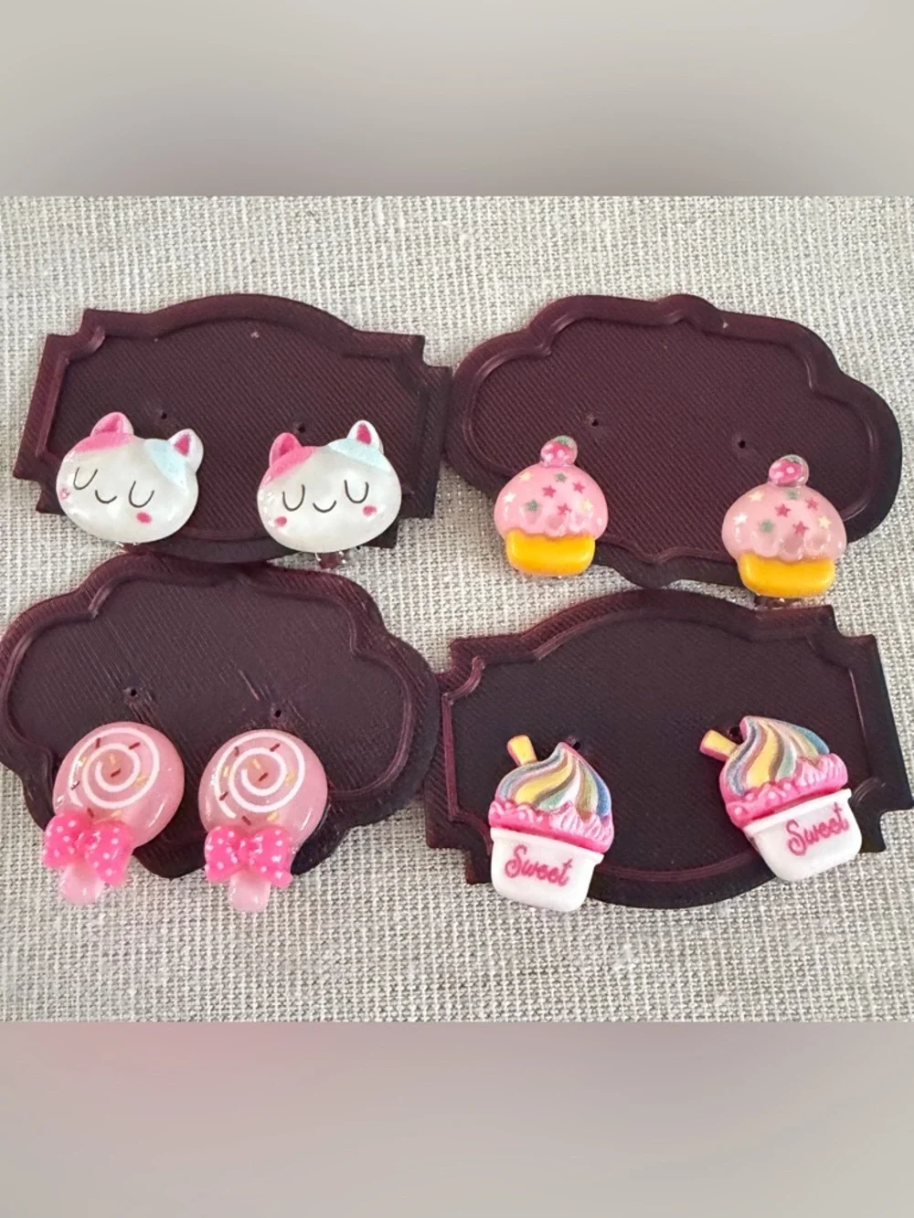 Cute Pink Dessert & Cat Clip-On Earring Set